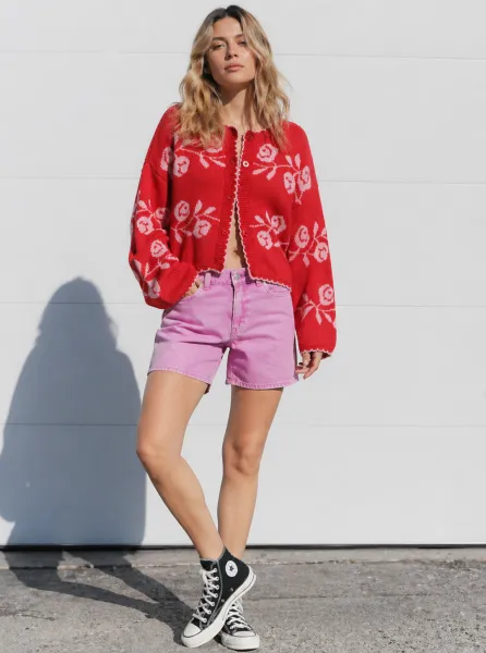 Sunlit Spring Contrast outfit featuring floral cardigan and pink shorts