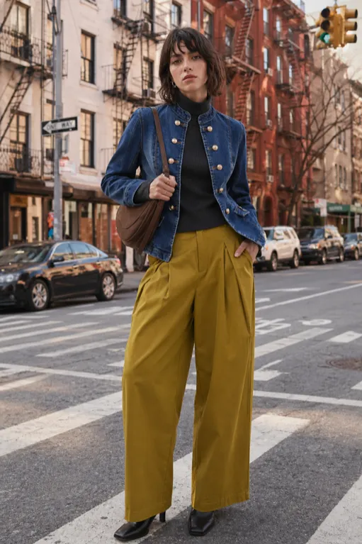 Urban Contrast outfit featuring green wide leg pants, blue drummer jacket, and brown saddle bag.