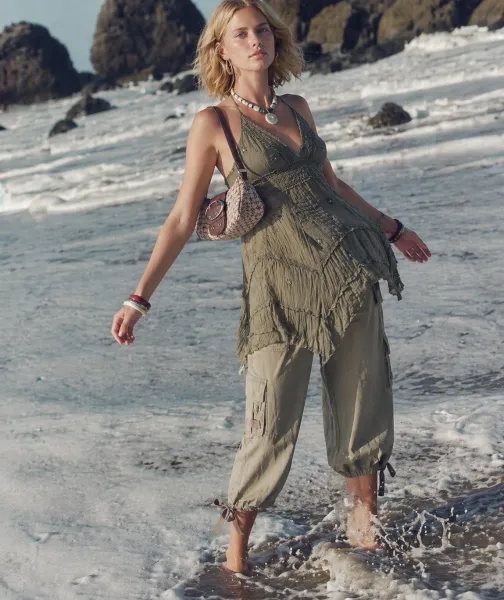 Coastal Boho Cargo Look outfit featuring olive lace tunic and cargo pants