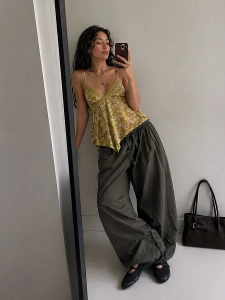 Effortless Home Style outfit featuring yellow cami and black balloon pants