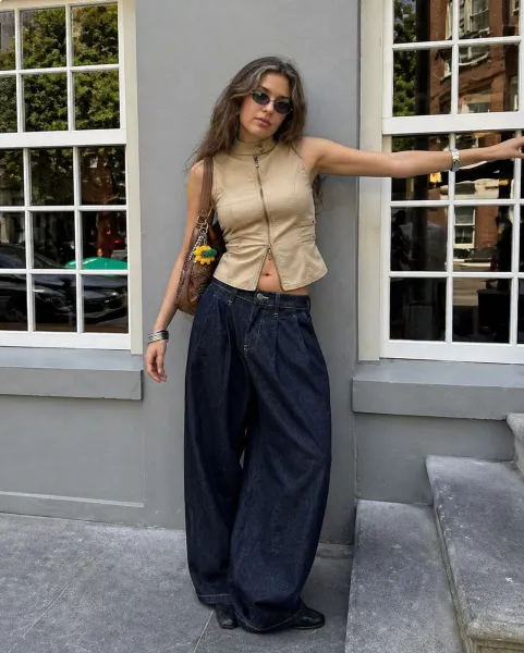 Modern Utility Chic outfit featuring backless top and cocoon jeans