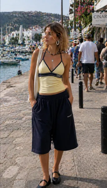 Seaside Street Ease outfit featuring yellow top and crop joggers