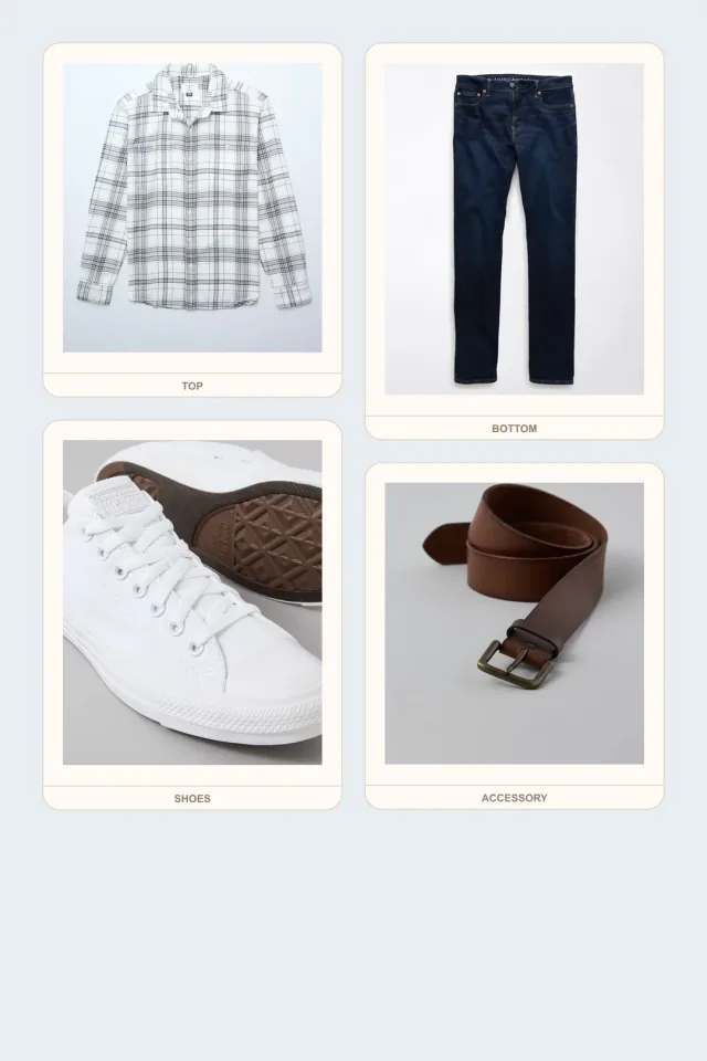 Homeroom Flannel teacher outfits flatlay with Flannel Shirt, AirFlex+ Slim Straight Jean, Converse Chuck Taylor All Star Low-Top Sneaker, Casual Leather Belt