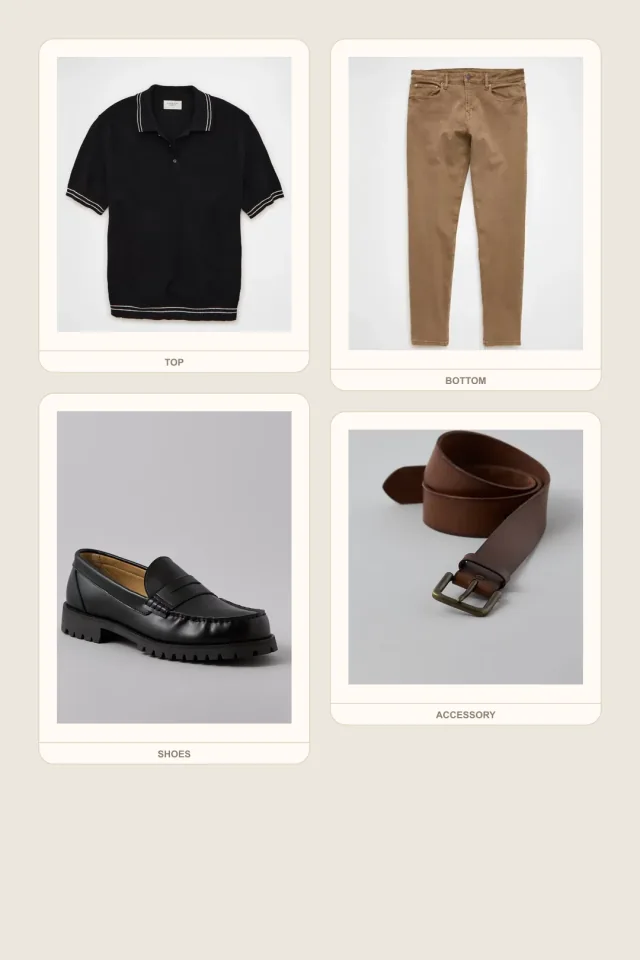 Lecture Hall Sweater Polo teacher outfits flatlay with Sweater Polo, EasyFlex Athletic Fit Jean, Lug Loafer Shoe, Casual Leather Belt