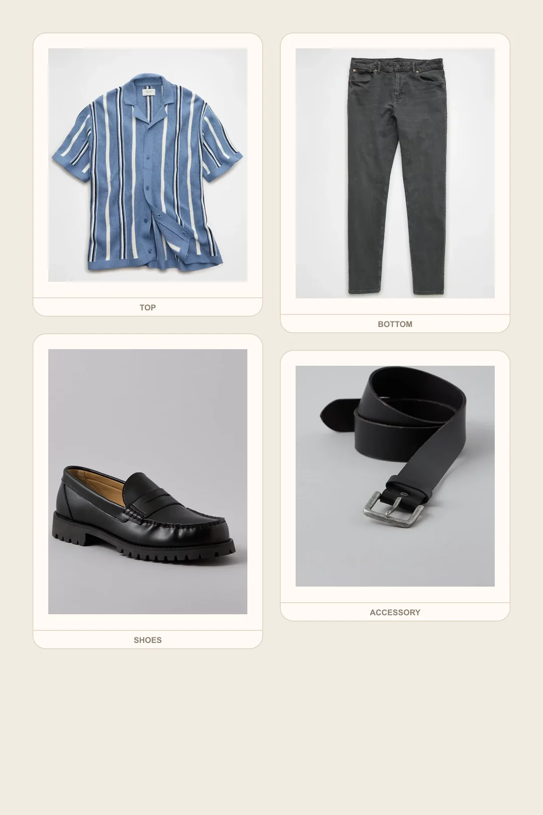Library Cardigan Texture teacher outfits flatlay with Striped Button-Up Sweater Polo, EasyFlex Athletic Fit Jean, Lug Loafer Shoe, Casual Leather Belt