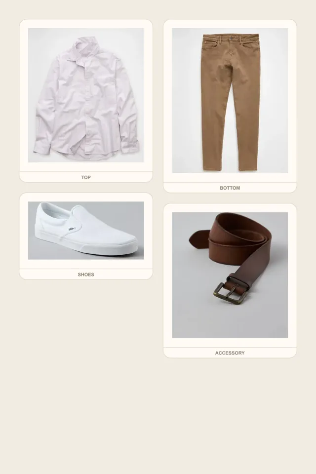 Morning Duty Khaki teacher outfits flatlay with Relaxed Fit Oxford Button-Up Shirt, EasyFlex Athletic Fit Jean, Vans Classic Slip-On Shoe, Casual Leather Belt
