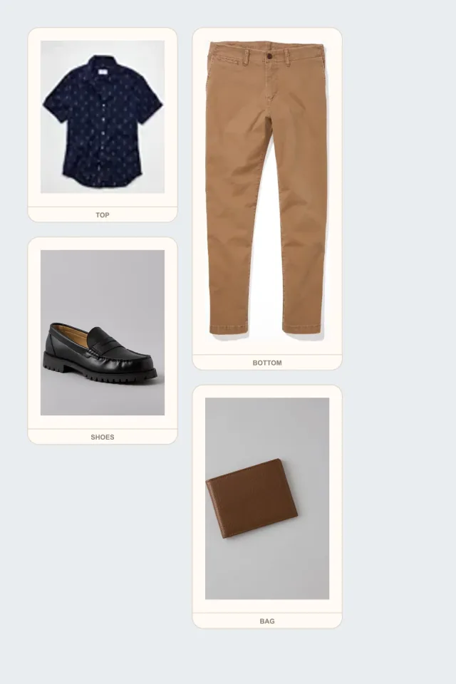 Parent Conference Navy teacher outfits flatlay with Short-Sleeve Button-Up Shirt, Flex Slim Straight Lived-In Khaki Pant, Lug Loafer Shoe, Leather Bifold Wallet