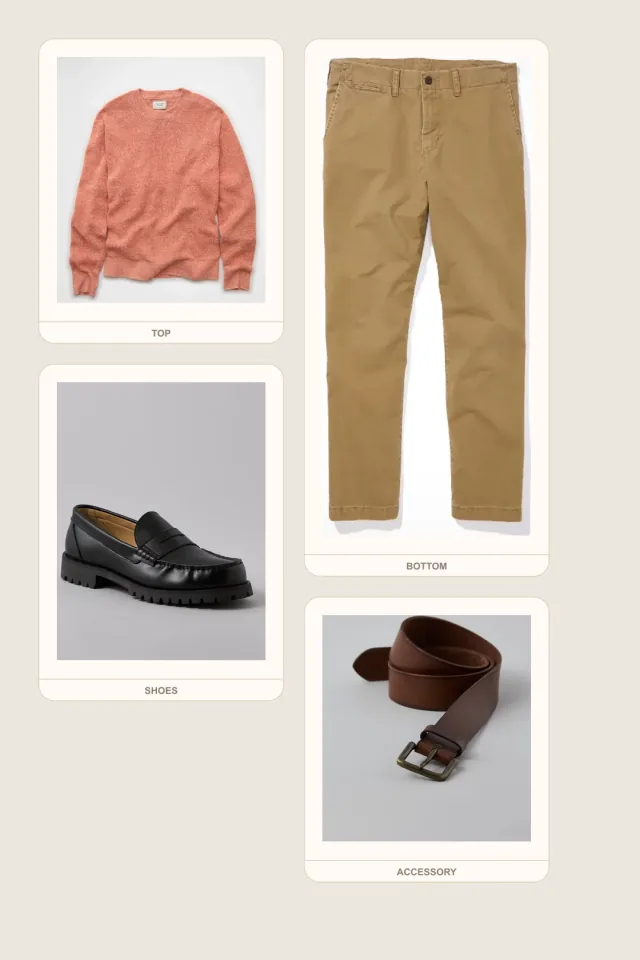 Planning Period Knit teacher outfits flatlay with Waffle Knit Sweater, Flex Relaxed Straight Lived-In Khaki Pant, Lug Loafer Shoe, Casual Leather Belt