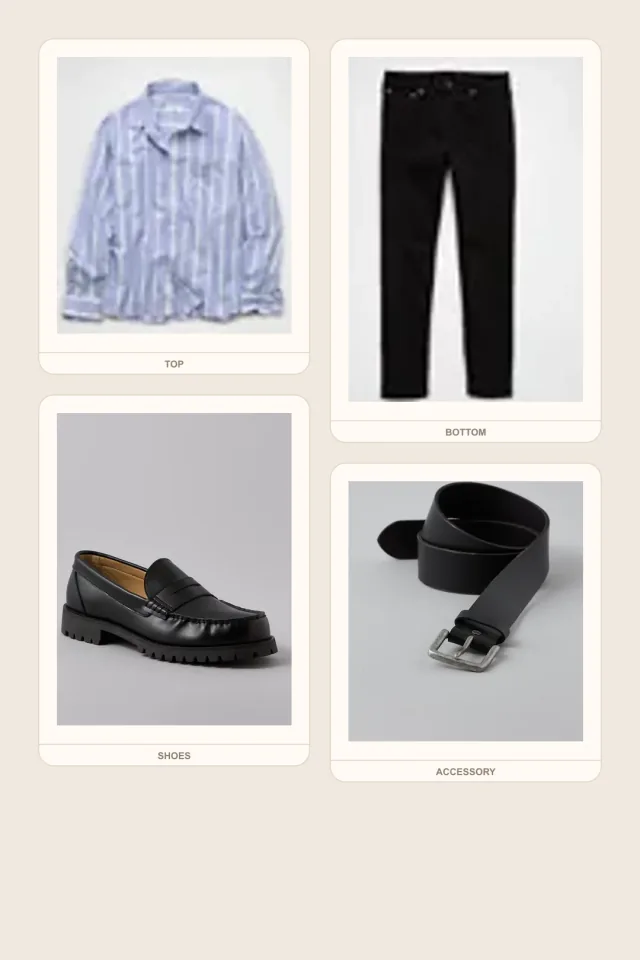 Science Lab Closed Toe teacher outfits flatlay with Relaxed Fit Oxford Button-Up Shirt, EasyFlex Athletic Fit Jean, Lug Loafer Shoe, Casual Leather Belt