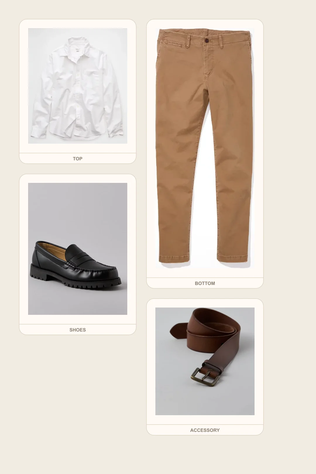 Staff Meeting Oxford teacher outfits flatlay with Relaxed Oxford Button-Up Shirt, Flex Slim Straight Lived-In Khaki Pant, Lug Loafer Shoe, Casual Leather Belt