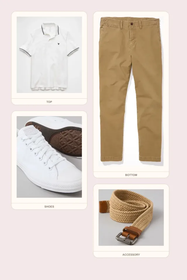 Warm Classroom Polo teacher outfits flatlay with Logo Standard Fit Pique Polo Shirt, Flex Relaxed Straight Lived-In Khaki Pant, Converse Chuck Taylor All Star Low-Top Sneaker, Stretch Braided Belt