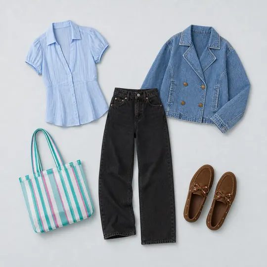 Art Room Indigo teacher outfits flatlay with Short-Sleeve Button-Up Shirt, Strigid Super High-Waisted Baggy Straight Jean, Denim Jacket, Faux Suede Boat Shoe, Mesh Tote Bag