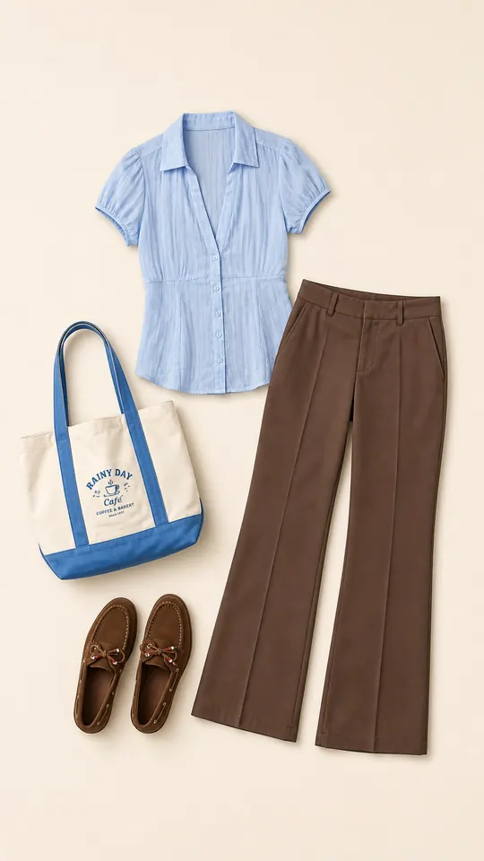 Blue Button-Up Briefing teacher outfits flatlay with Short-Sleeve Button-Up Shirt, Low-Rise Kick Boot Trouser, Faux Suede Boat Shoe, Off-Duty Rainy Day Café Tote Bag