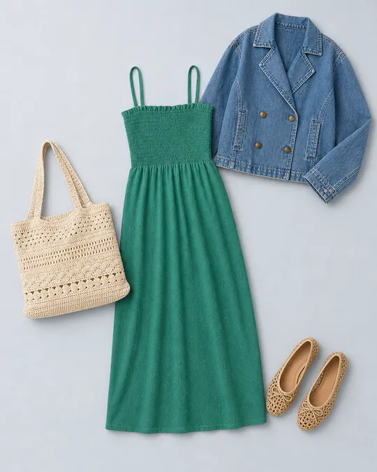 Campus Knit Column teacher outfits flatlay with Sunchaser Smocked Knit Midi Dress, Denim Jacket, Raffia Ballet Flat, Crochet Knit Tote Bag