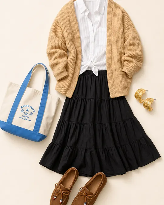 Chalkboard Camel Cardigan teacher outfits flatlay with Short-Sleeve Button-Up Shirt, Open-Front Cardigan Sweater, Tiered Midi Skirt, Faux Suede Boat Shoe, Off-Duty Rainy Day Café Tote Bag, Textured Earrings