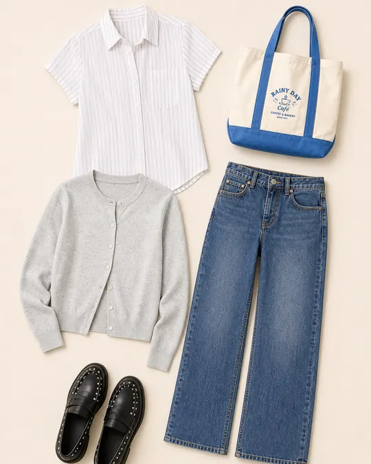 Conference Day Denim teacher outfits flatlay with Short-Sleeve Button-Up Shirt, Strigid High-Waisted Stovepipe Jean, Classic Slim Button-Up Cardigan, Studded Loafer, Off-Duty Rainy Day Café Tote Bag