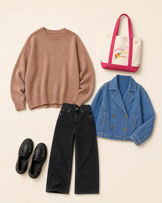 Easy Friday Straight Jean teacher outfits flatlay with Big Hug Oversized Sweater, Strigid Super High-Waisted Baggy Straight Jean, Denim Jacket, Studded Loafer, Off-Duty Destination Tote