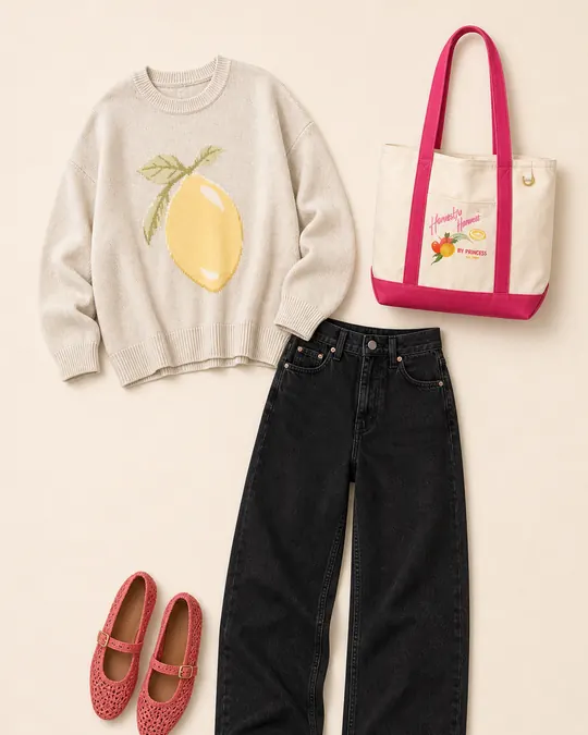 Field Trip Flats teacher outfits flatlay with Big Hug Oversized Sweater, Strigid Super High-Waisted Baggy Straight Jean, Crochet Mary Jane Flat, Off-Duty Destination Tote