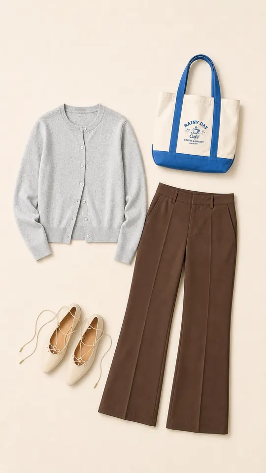 Gray Cardigan Office Hours teacher outfits flatlay with Classic Slim Button-Up Cardigan, Low-Rise Kick Boot Trouser, Lace-Up Flat, Off-Duty Rainy Day Café Tote Bag