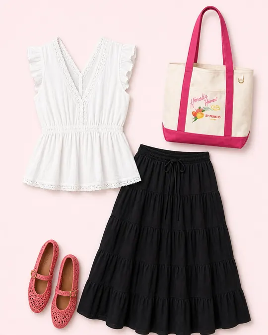Homeroom Lace Trim teacher outfits flatlay with Lace Trim Flutter Sleeve Blouse, Tiered Midi Skirt, Crochet Mary Jane Flat, Off-Duty Destination Tote