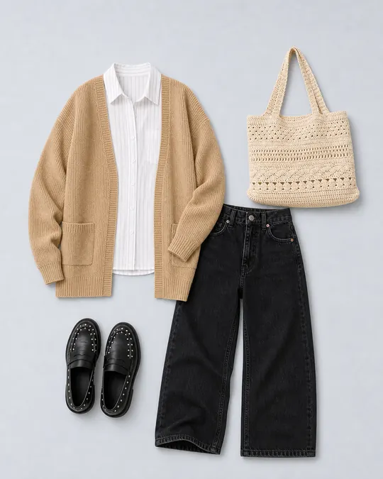 Layered Cardigan Classroom teacher outfits flatlay with Open-Front Cardigan Sweater, Short-Sleeve Button-Up Shirt, Strigid Super High-Waisted Baggy Straight Jean, Studded Loafer, Crochet Knit Tote Bag