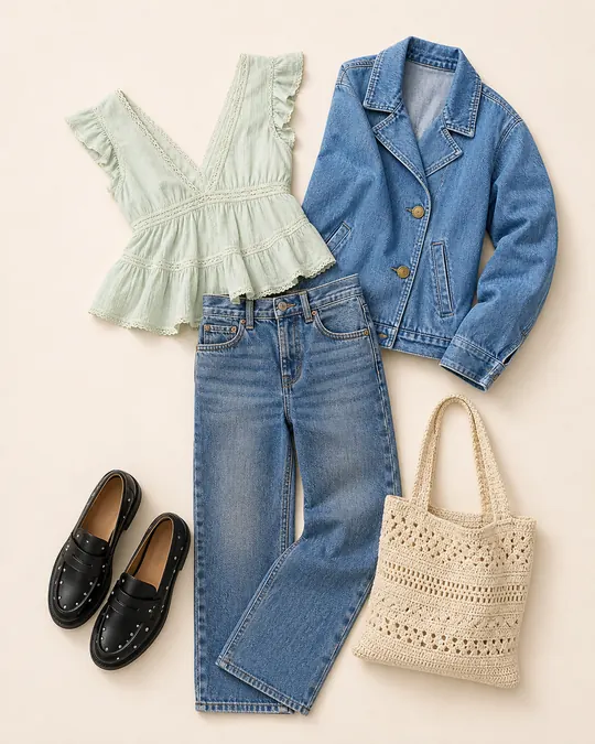 Library Day Stovepipe teacher outfits flatlay with Lace Trim Flutter Sleeve Blouse, Strigid High-Waisted Stovepipe Jean, Denim Jacket, Studded Loafer, Crochet Knit Tote Bag