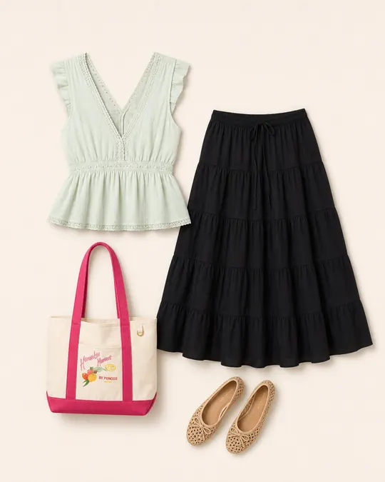 Mint Parent Meeting teacher outfits flatlay with Lace Trim Flutter Sleeve Blouse, Tiered Midi Skirt, Raffia Ballet Flat, Off-Duty Destination Tote
