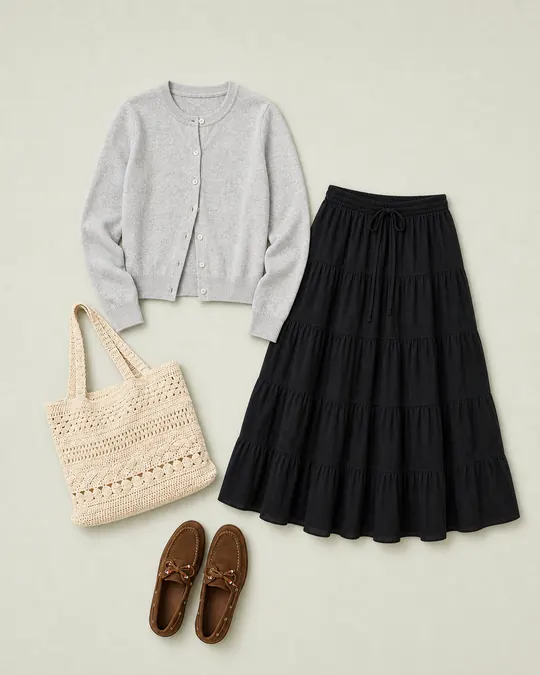 Oatmeal Lesson Plan teacher outfits flatlay with Classic Slim Button-Up Cardigan, Tiered Midi Skirt, Faux Suede Boat Shoe, Crochet Knit Tote Bag