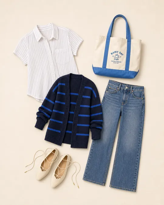 Rainy Day Staffroom teacher outfits flatlay with Short-Sleeve Button-Up Shirt, Open-Front Cardigan Sweater, Strigid High-Waisted Stovepipe Jean, Lace-Up Flat, Off-Duty Rainy Day Café Tote Bag