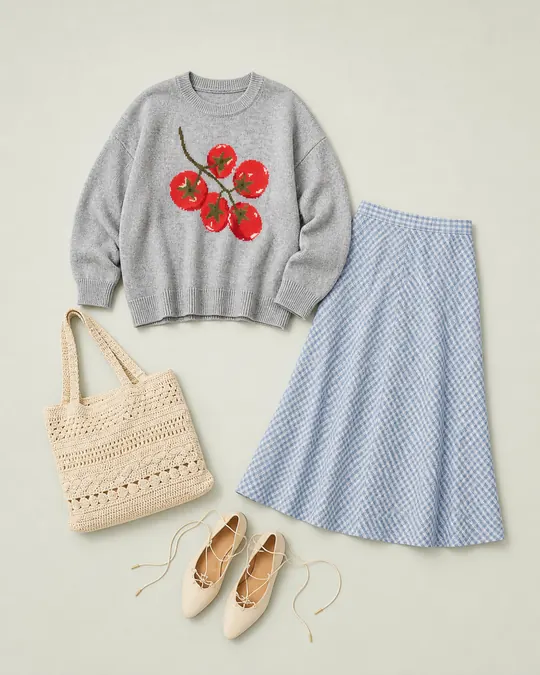 Soft Grading Midi teacher outfits flatlay with Big Hug Oversized Sweater, Linen-Blend Midi Skirt, Lace-Up Flat, Crochet Knit Tote Bag