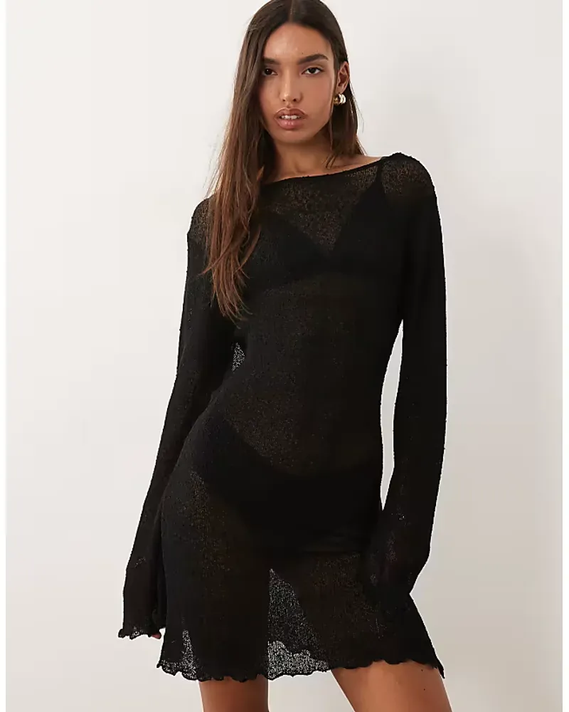 Asos Design Beach Knitted Boucle Scoop Back Mini Dress In Black