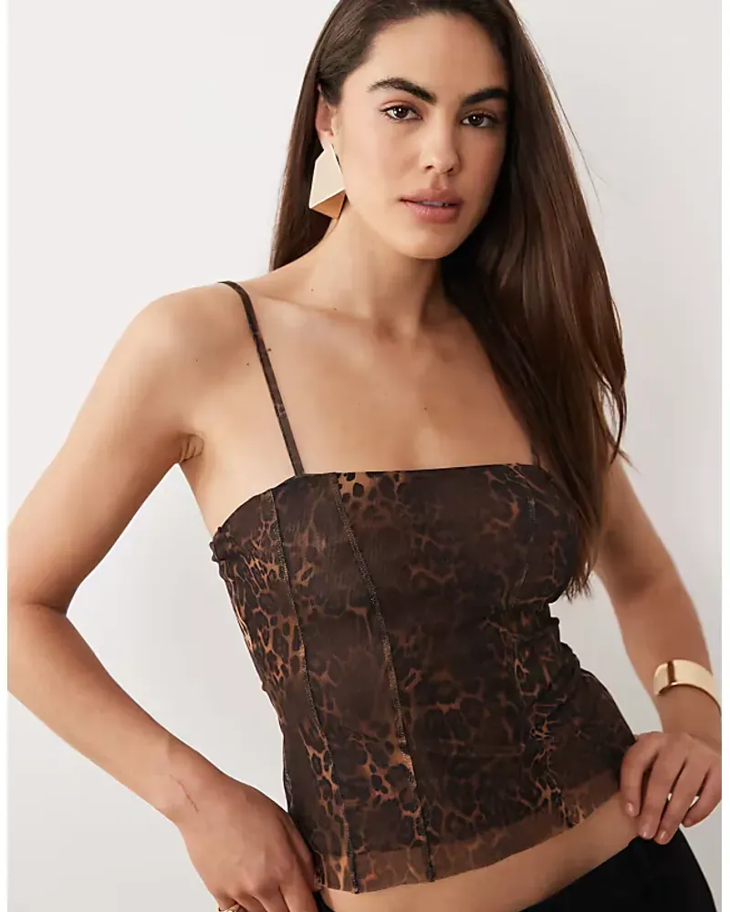 Asos Design Printed Mesh Cami Top In Leopard Print