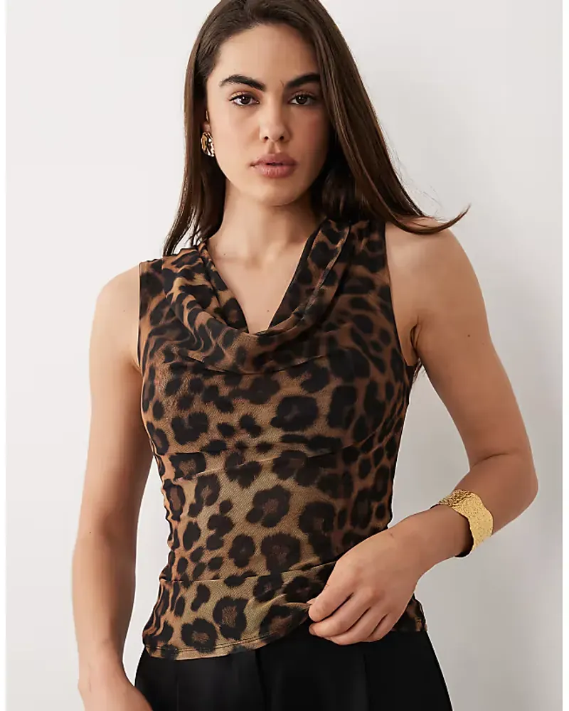 Asos Design Printed Mesh Slinky Drape Top In Animal Print