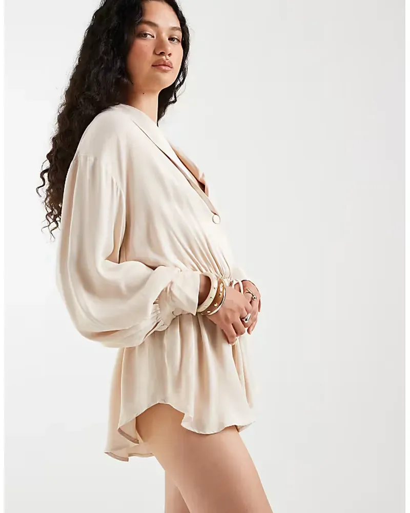 Asos Design Satin Shirt Playsuit In Ivory