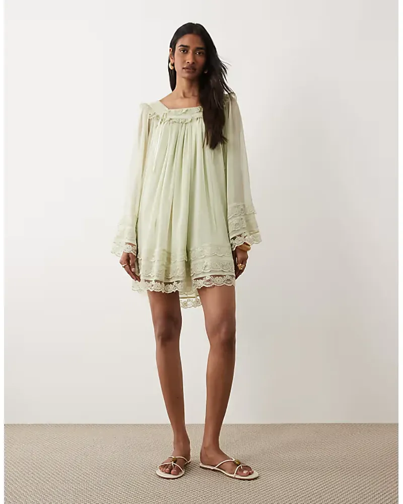 Miss Selfridge Chiffon Lace Mini Dress In Sage