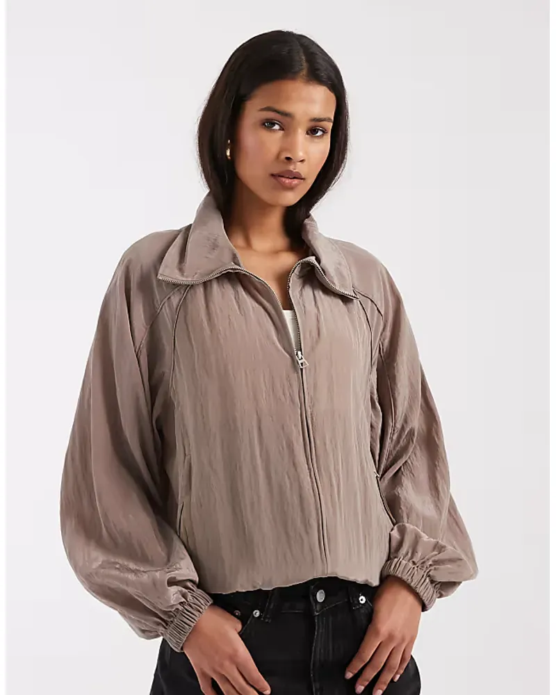 Other Stories Nylon Short Bomber Jacket With Waist Pleat Detail In Mole