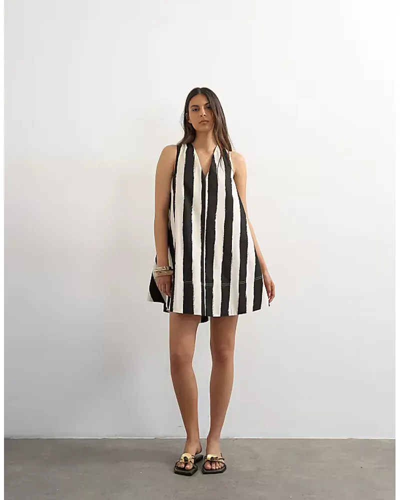 Topshop Poplin Halter Deep Hem Mini Trapeze Dress In Mono Stripe