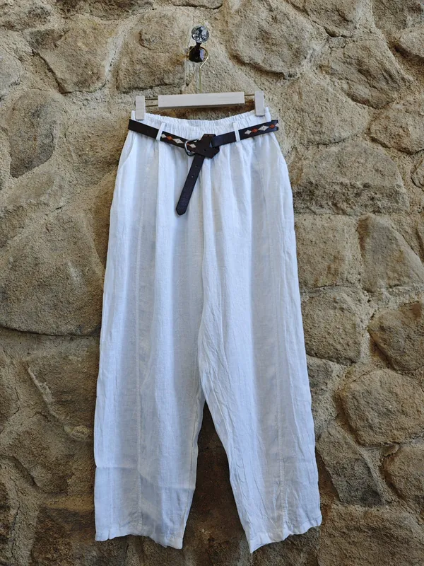 100% Linen Pants with Belt in White