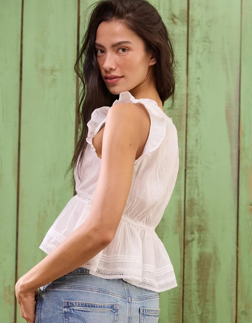 AE Lace Trim Flutter Sleeve Blouse