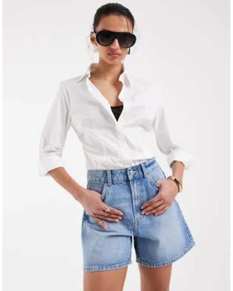 ASOS DESIGN Denim Dad Shorts in Mid Blue