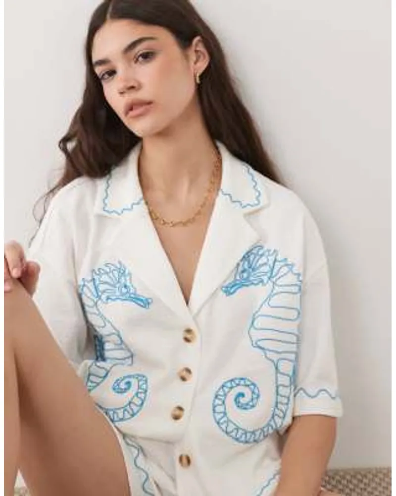 ASOS DESIGN Textured Jersey Revere Shirt with Seahorse Embroidery