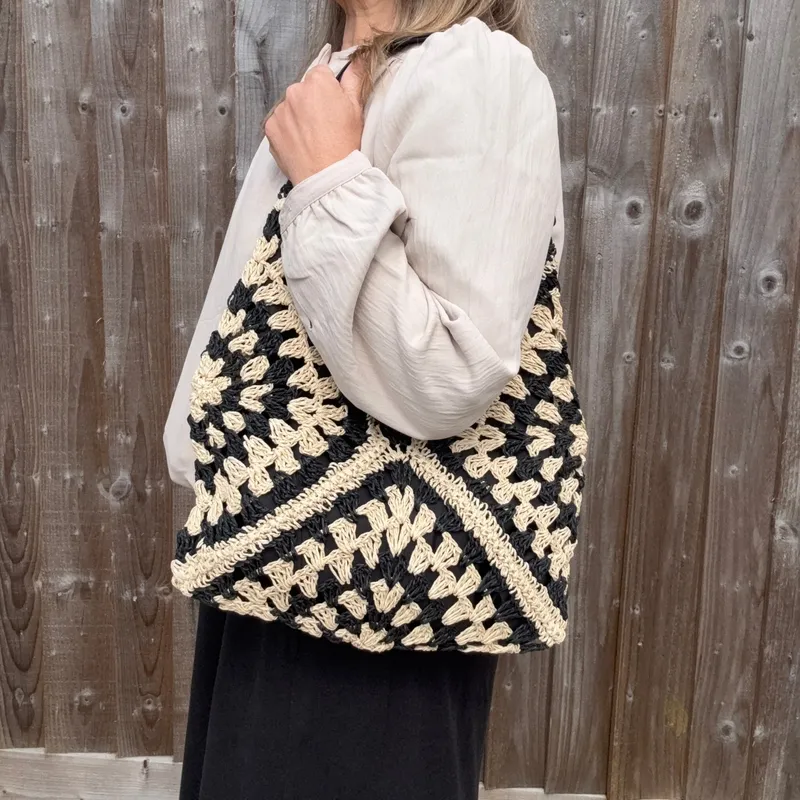 Black & Cream Raffia Shoulder Bag