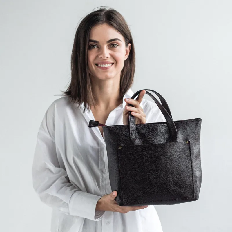 Black Burgundy Pebbled Leather Mini Tote Bag