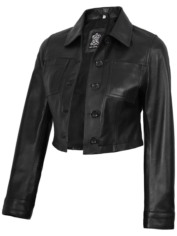 Black Cropped Harrington Leather Denim Jacket