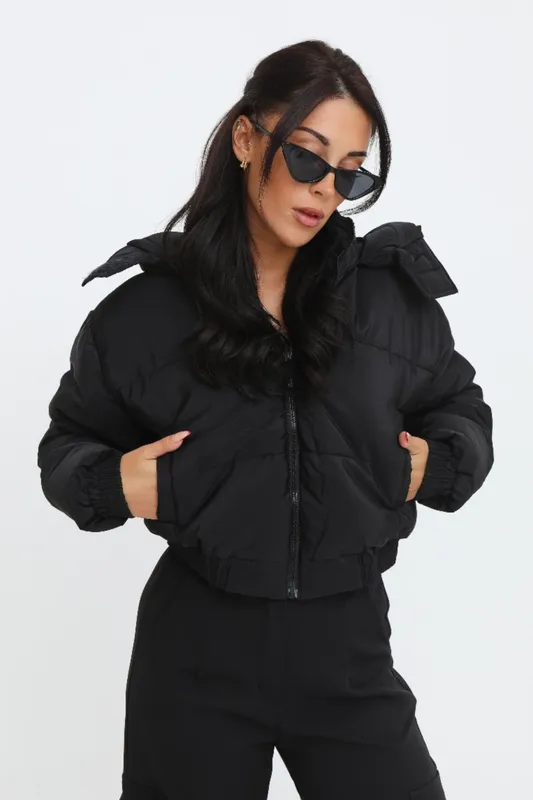 Black Cropped Padded Long Sleeve Zip