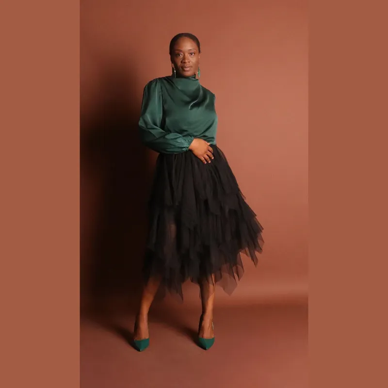 ' Black Layered Midi Ruffle Skirt