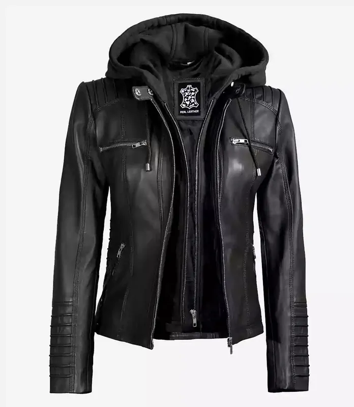 ' Black Leather Jacket With Removable Hood