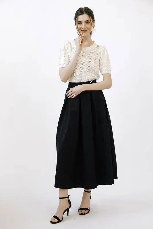 Black Monochromatic Pleated Midi Skirt