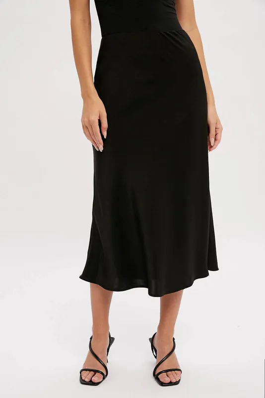 Black Satin Midi Slip Skirt