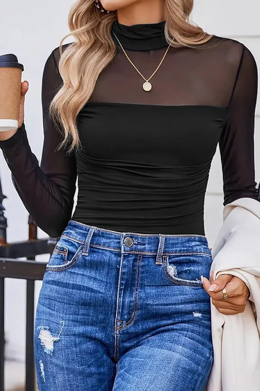 Black Sheer Mesh Patchwork High Neck